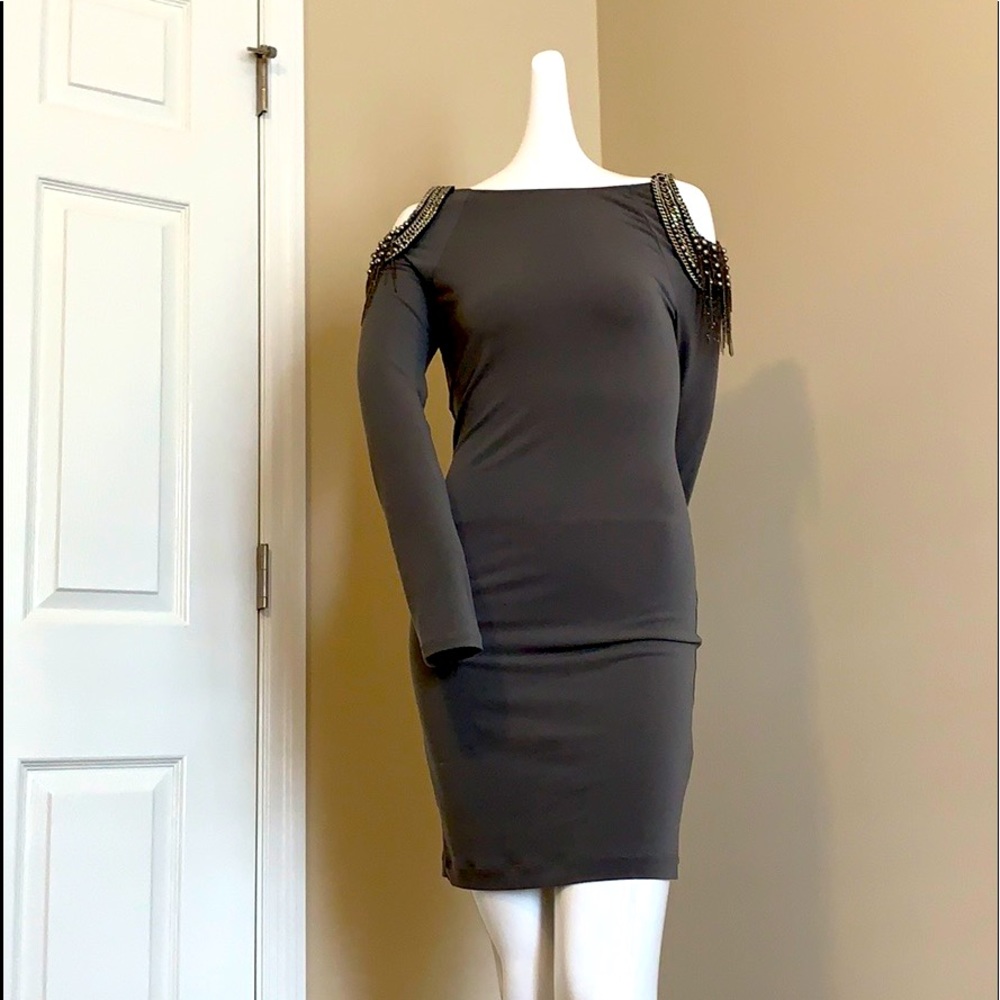 Alice + Olivia Grey Stretch Jersey Studded Embellished Cold ShoulderMini Dress M